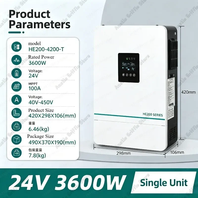 24V 3600W Hybrid Solar Inverter, 120A MPPT Charge Controller, Anti-Reverse For Off-Grid Home System