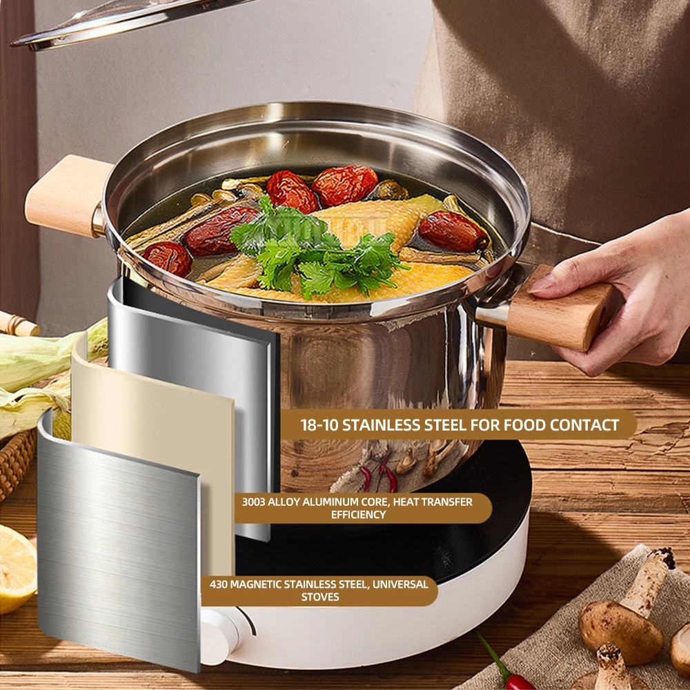 

High Quality 22CM Multi purpose Cookware 316 Stainless Steel Steamer with Wooden Handle,Stewed Soup Pot