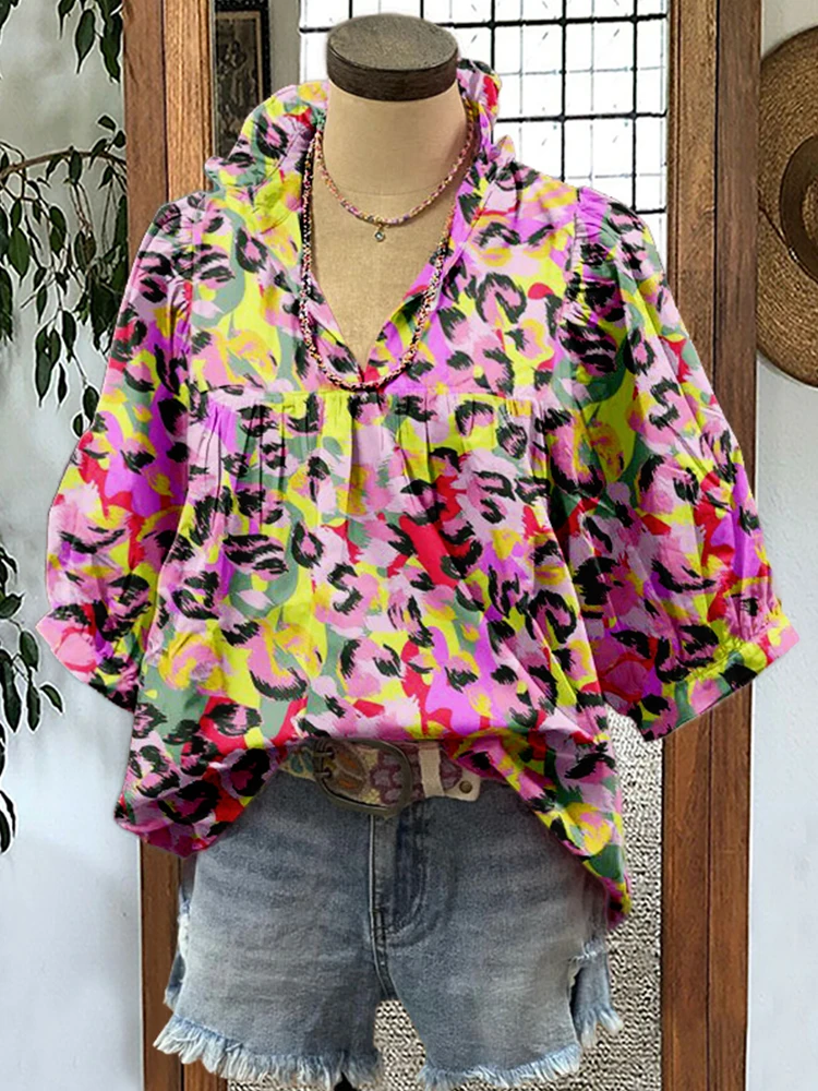 Cute Mardi Gras Leopard Print Puff Sleeve Blouse