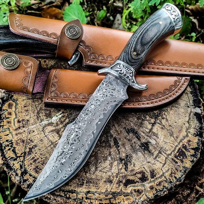 

High Hardness VG10 Damascus Blade Ebony Handles Tactical Hunting Knife, Combat Knives Survival Outdoor Wilderness Knives