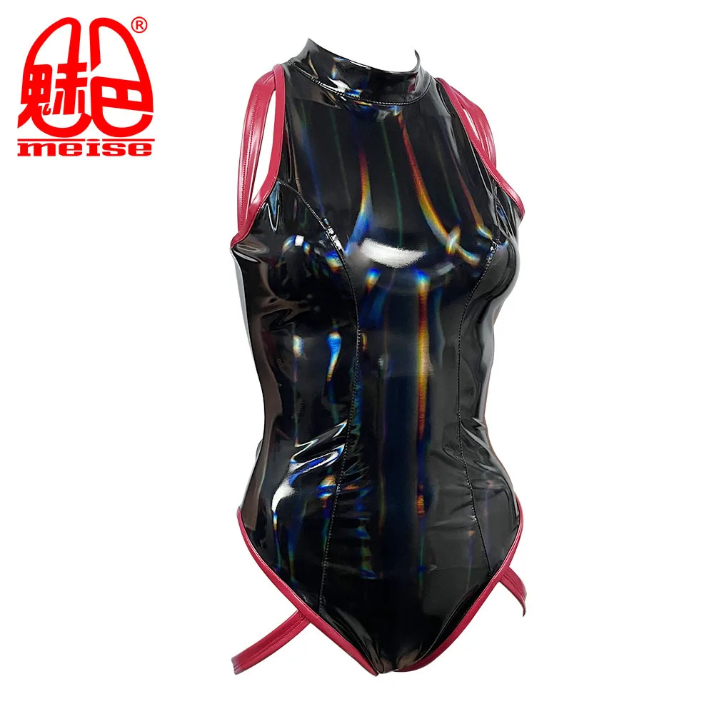 Woman Bodysuits Faux Leather Sex Appeal T Crotch Sleeveless Jumpsuit Catsuit Tight PVC Straitjacket Bright Patent Leather Onesie