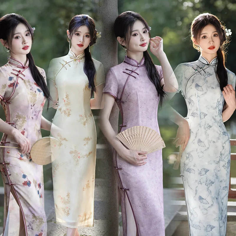 

Summer Chinese Style Cheongsam Slim Fit Double Layer Chiffon Chinese Qipao Dress Women Sexy Wedding Party Evening Dress CH-013