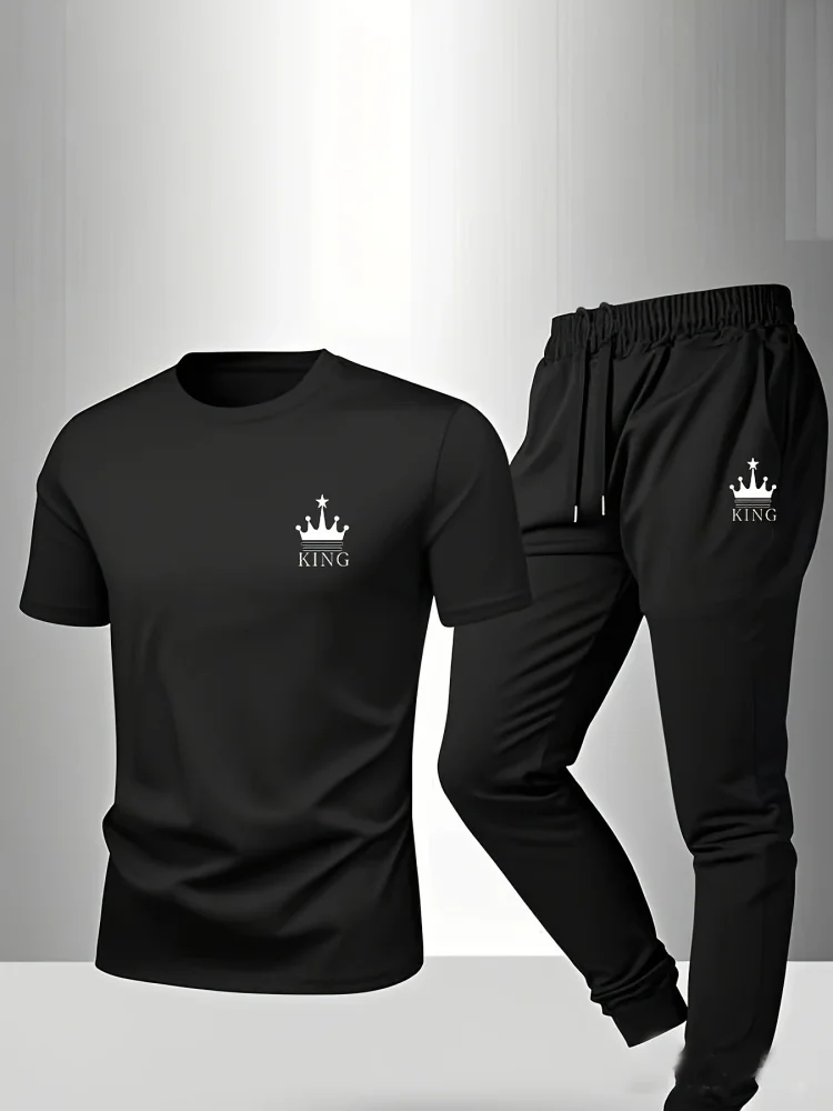 

Летний мужской спортивный комплект: дышащий топ с коротким рукавом и буквенным принтом, в сочетании с повседневными брюками, комплект из двух предметов.