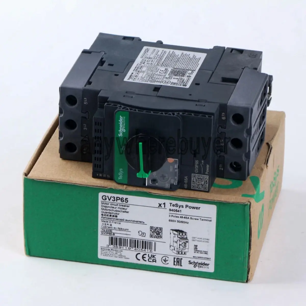 GV3P65 GV3-P65 circuit breaker, TeSys GV3, 3P, 48-65 A, thermal magnetic, EverLink terminals