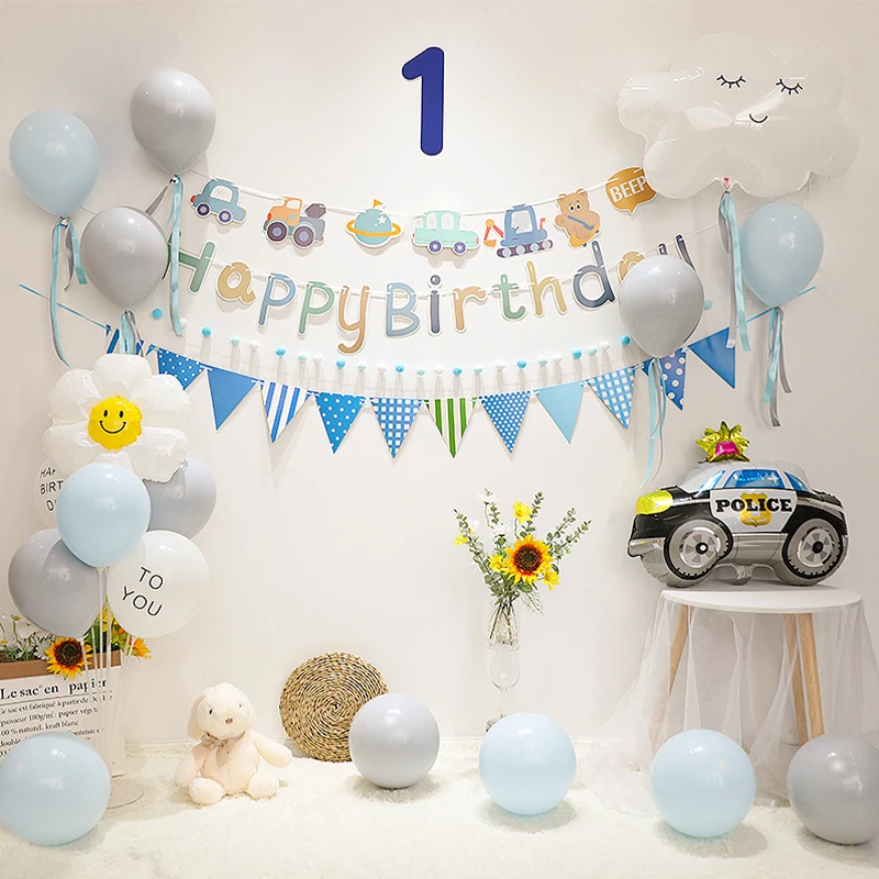 

White Wind Theme Birthday Party Decoration, Blue Latex Balloon Cartoon Car Happy Birthday Banner, Kids 1st Baby Shower Supply