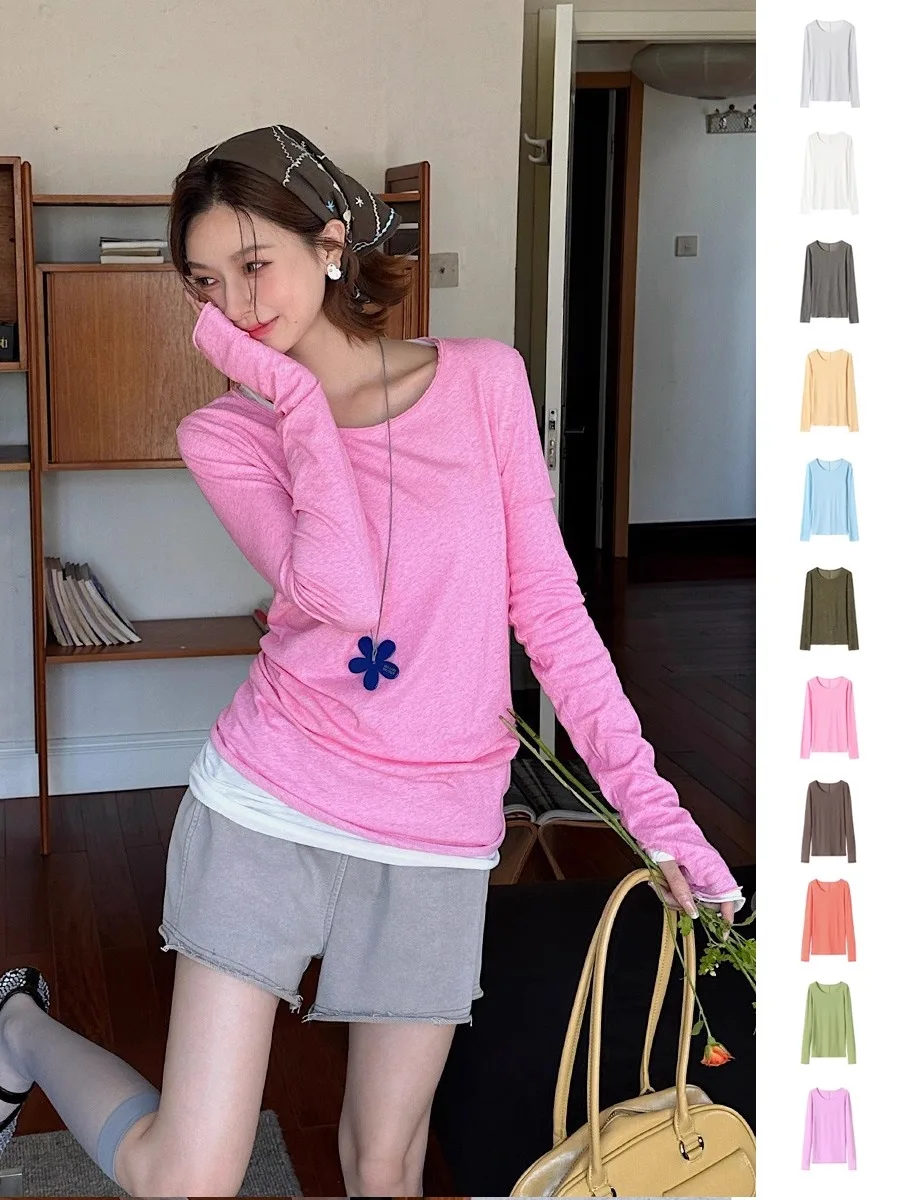 

REREK: Вязаный базовый слой с круглым вырезом, эффектом потертости и окрашивания, приталенный крой, для ранней осени, из смесового хлопка, с длинным рукавом, для повседневной носки (GoGoBuyer)