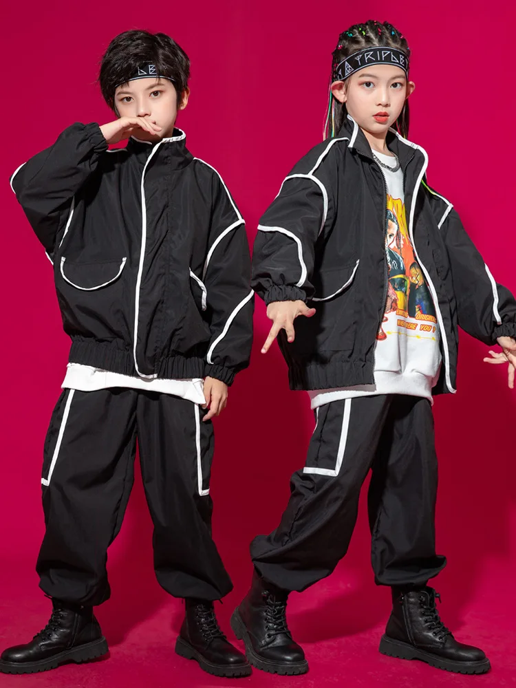 Girl Boy Hip Hop Clothing Black Zip Up Windbreak Bomber Jacket Top Casual Street Jogger Pants for Kid Jazz Dance Costume Clothes