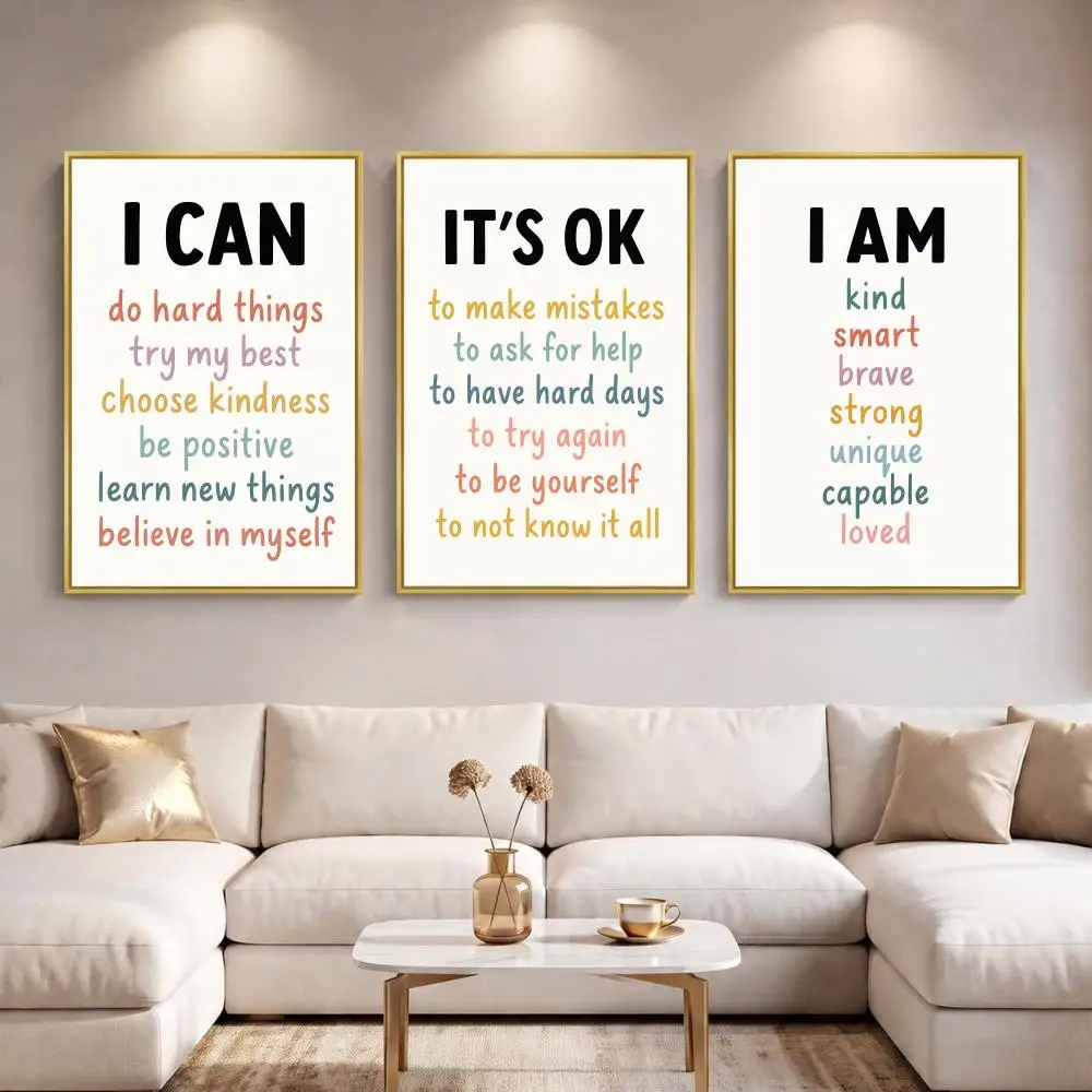 I Am I Can It's OK Positive Affirmation Painting 3 PCS Canvas Wall Art Prints for Living Room Decor Modern Fashion Wall Decals