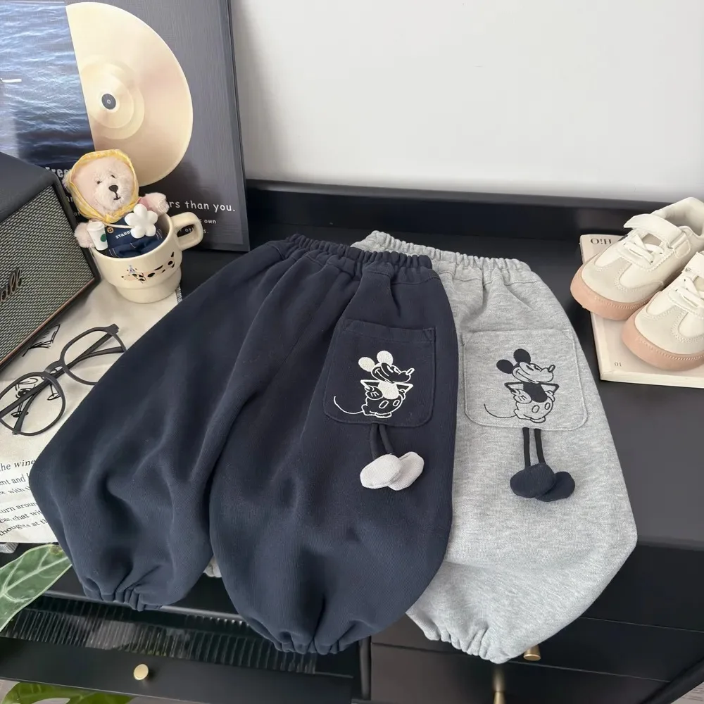 

Disney Mickey Pocket Sports Pants For Children Elastic Waist Drawstring Spring Autumn Korean Fashion Kids Casual Trousers
