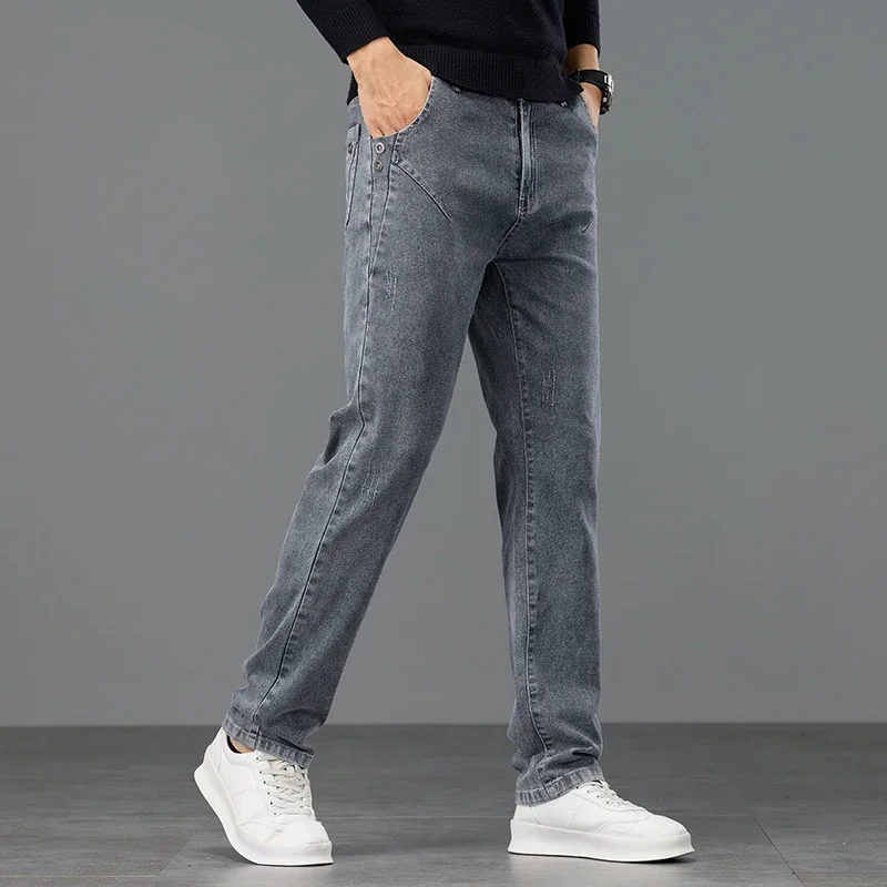 2025 جديد الرجال مريح كلاسيكي أقدام صغيرة سراويل جينز سترتش الخريف موضة جيب سليم الكورية مستقيم السراويل #3