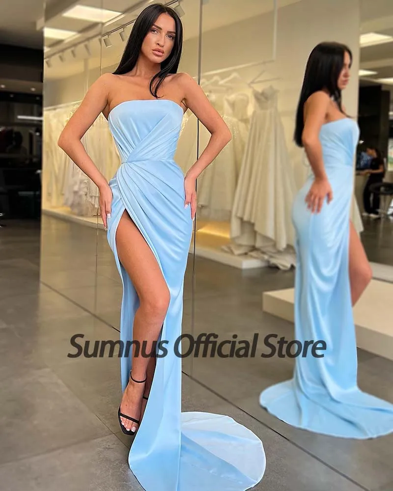 Gaun Prom Satin Biru Langit Sumnus Gaun Pesta Split Samping Lipit Tanpa Tali Gaun Pesta Malam Wanita Seksi Vestidos De Fiesta