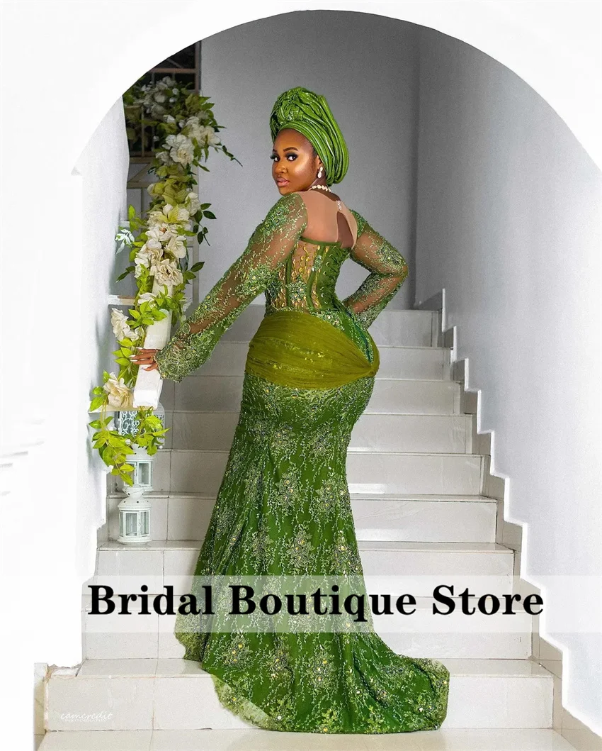 Luxury Green African Evening Dress 2024 Long Sleeves Crystal Beading Formal Prom Party Gowns Wedding Gowns Vestidos