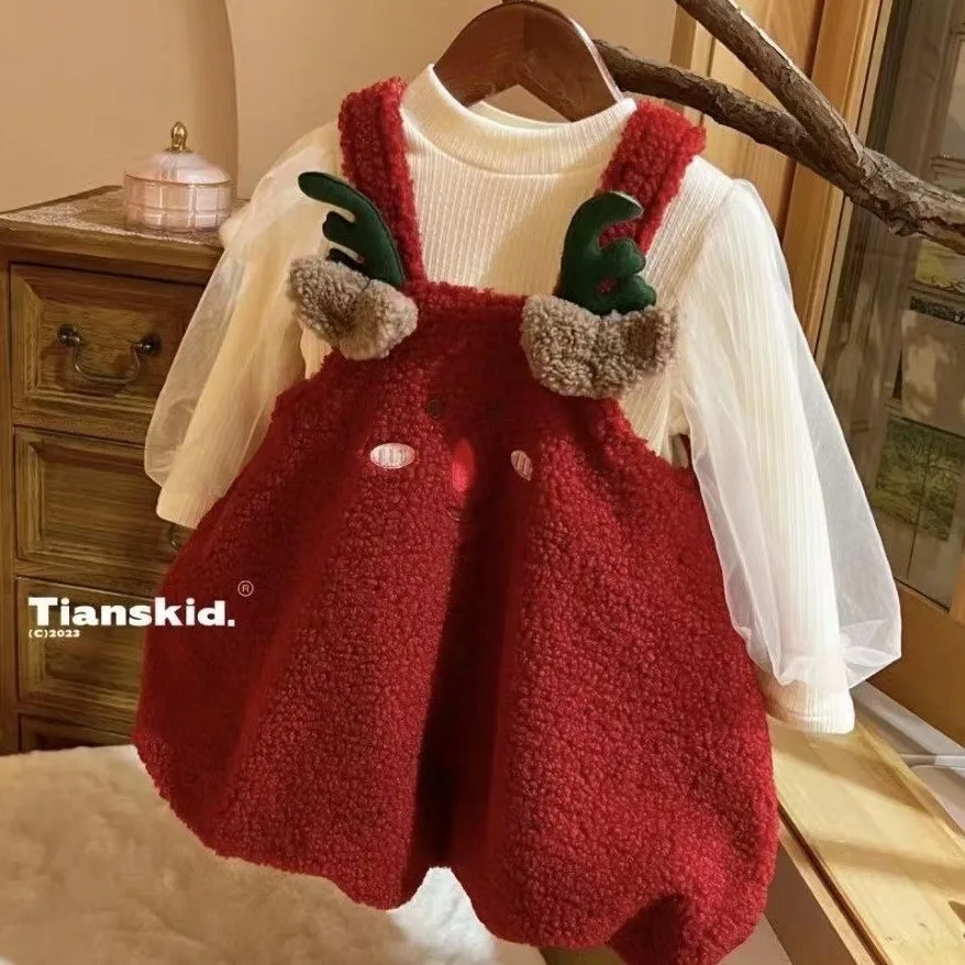 

Girls' Dress Set Autumn/Winter Children's Cute Western Style Plush Two Piece Set Christmas Dress