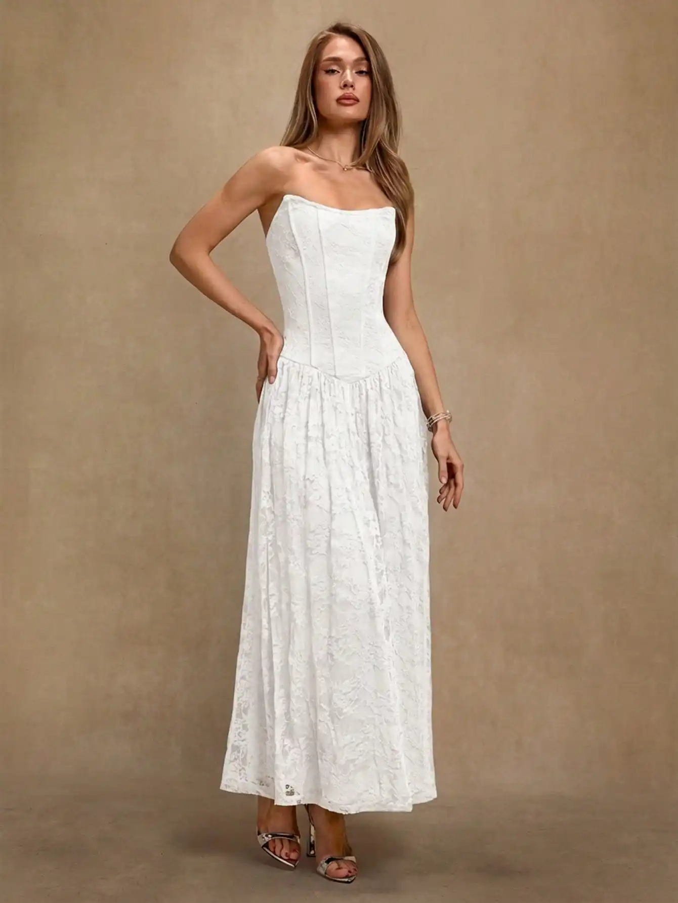 

Белое кружевное платье-корсет без бретелек с пышной юбкой для коктейльных вечеринок, свиданий, торжественных мероприятий, осенне-зимнего сезона и многослойных образов