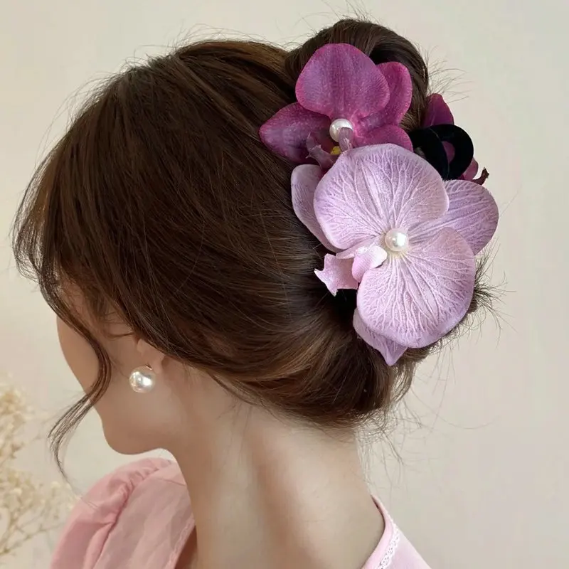 Purple Butterfly Orchid Hair Claws Floral Hairpin for Women Girl Sweet Pearl Floral Hair Accessories 2024 NEW Vacation Headwear