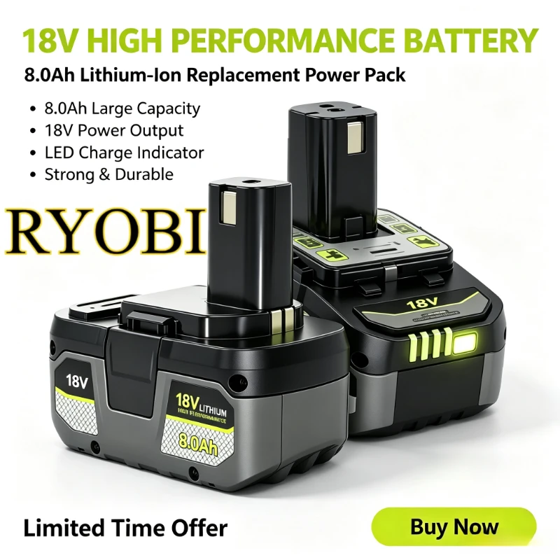 Ryobi 18V Battery 8.0Ah RB1820 RB18L50 Lithium‑ion Battery Pack For Ryobi One+ Cordless Drill Grinder Impact Wrench Power Tools