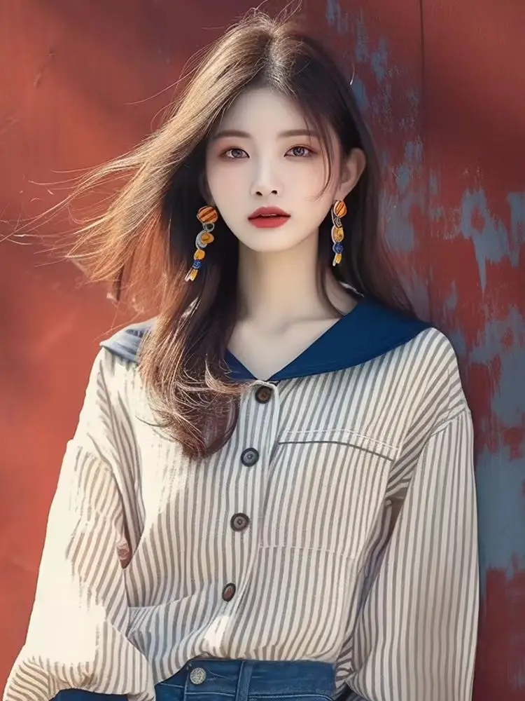 

Korean Style Sailor Collar Striped Shirt Fashion Single Breasted Women Blouse Long Sleeve Loose Casual Tops