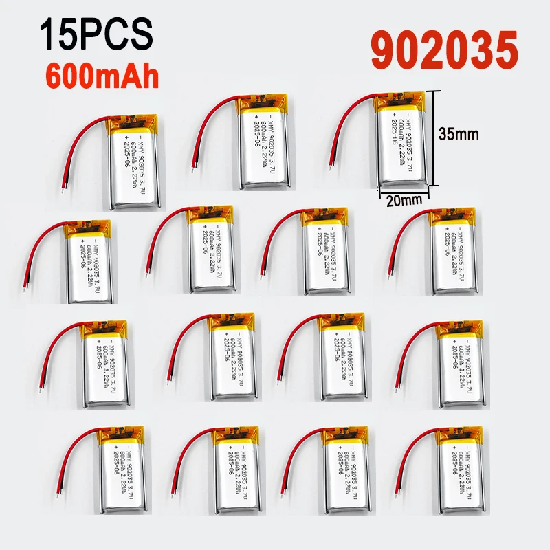 15 Stück 902035 3,7 V 600 mAh Lithium-Polymer-LiPo-Akku, Ersatzzellen für MP3, DIY, PAD, DVD, E-Book, Bluetooth-Headset