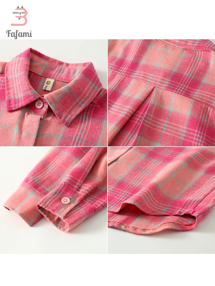 Plaid Shirts & Blouses For Girls Korean Children\'s Clothing 2023 Spring Pink Cotton Baby Tops Young Children Kids Boys Wear 2-8Y