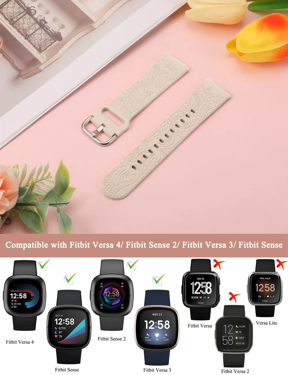 Toyouths Boho Floral Engraved Band for Fitbit Versa 4/Sense 2/Versa 3/Sense Soft Silicone Sport Solo Loop Strap for Women Men