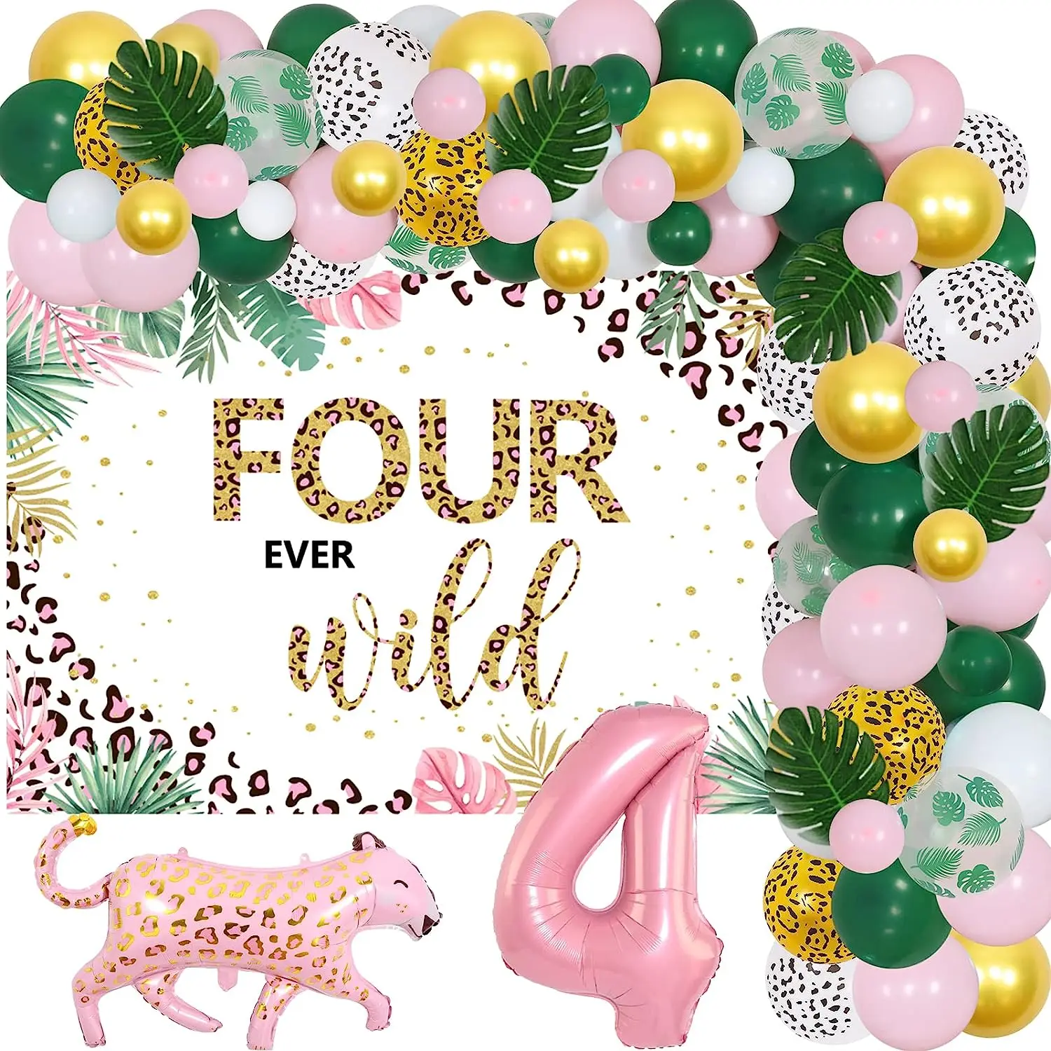 

Jungle Theme 4th Birthday Decorations Four Ever Wild Backdrop Sage Green Jungle Balloon Arch Kit Leopard Number 4 Foil Balloons