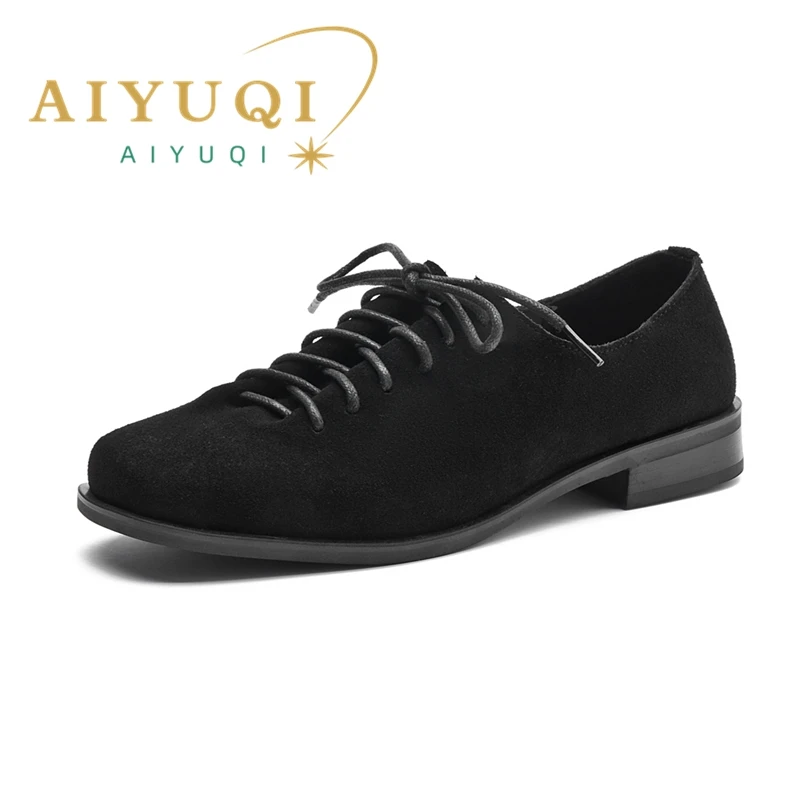 AIYUQI Women Loafers Shoes Genuine Leather Thick Heels Student Shoes Female Lace Up British Style Lady Oxford Shoes Footwear