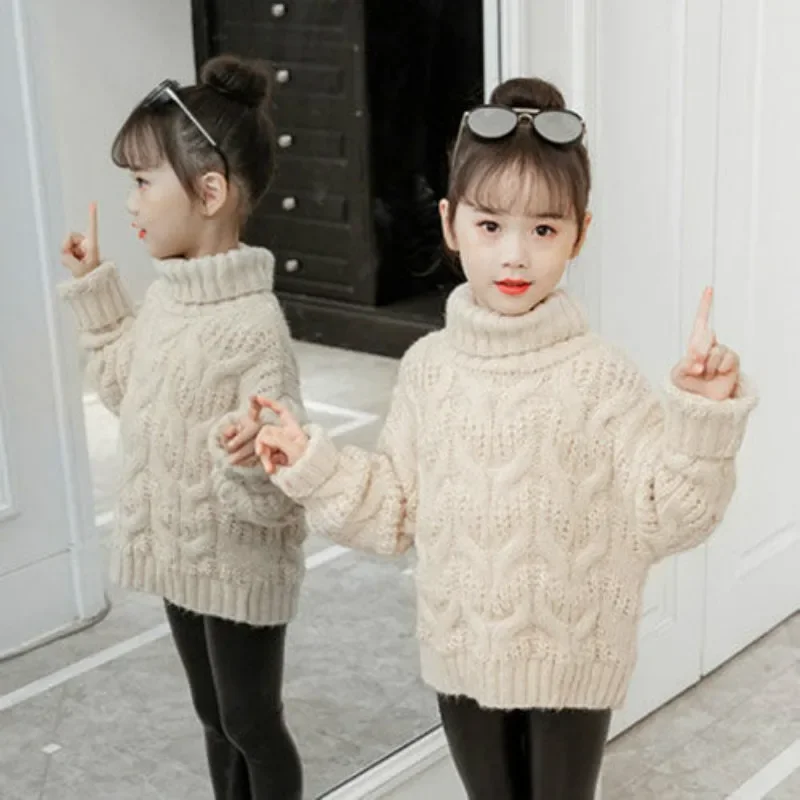 2023 New Autumn Winter Baby Girls Solid Warm Knitted Sweaters Turtleneck Casual Criss-Cross Pullovers Teenager Thick Clothes X09