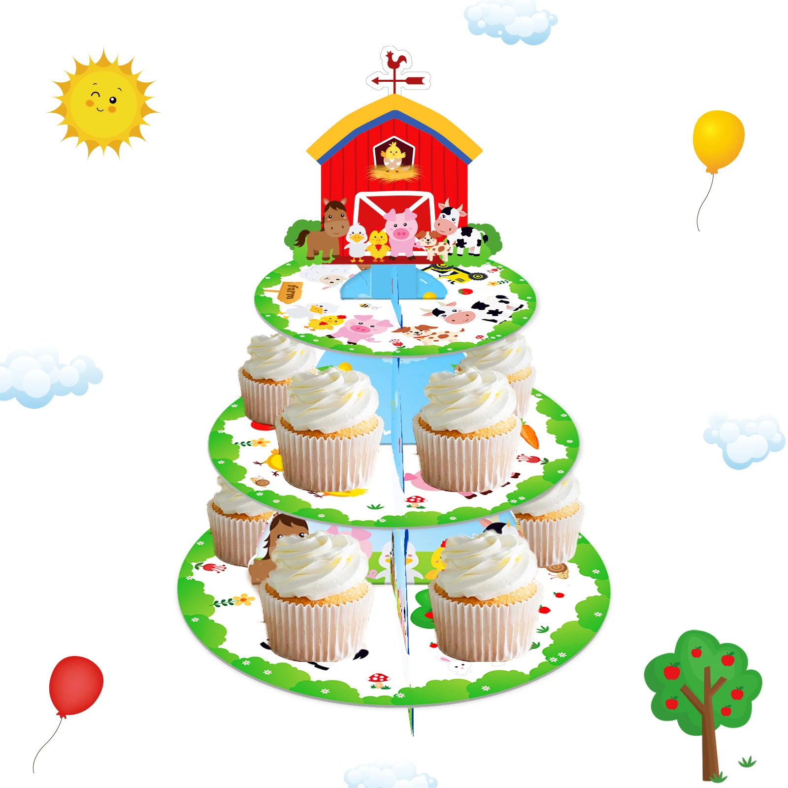 3 Tier Cartoon Farm Animals Party Cake Display Stand Birthday Cupcake Rack Stand Baby Shower Party Dessert Cake Tray Decoration