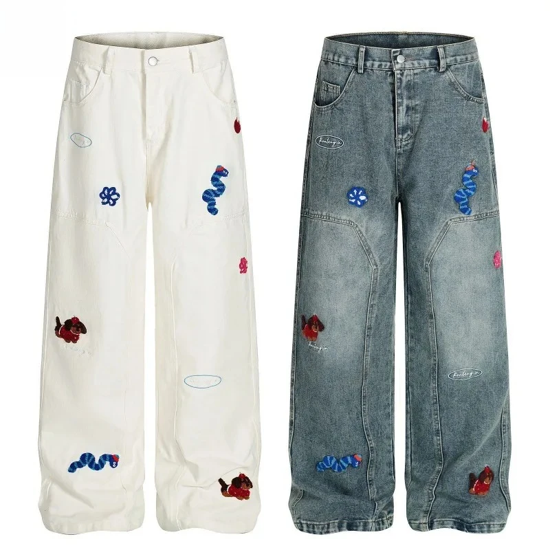 

Vintage Cartoon Towel Embroidery Washed Jeans Unisex Loose Wide Leg Kukri Pants Versatile Kids Jeans