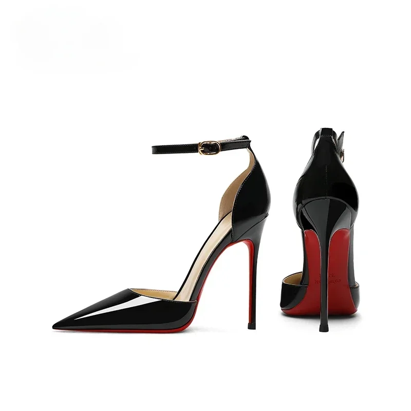 2024 Black professional high heels, women\'s slim heels, pointed toe, sexy summer new red sole, one line with toe sandals