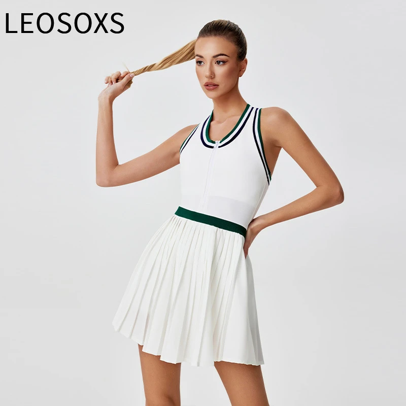 

LEOSOXS Women's Tennis Dress Women Collar Front Zipper 2-in-1 Golf Sports Tight Dress Fitness Workout Running Yoga Pocket Skort
