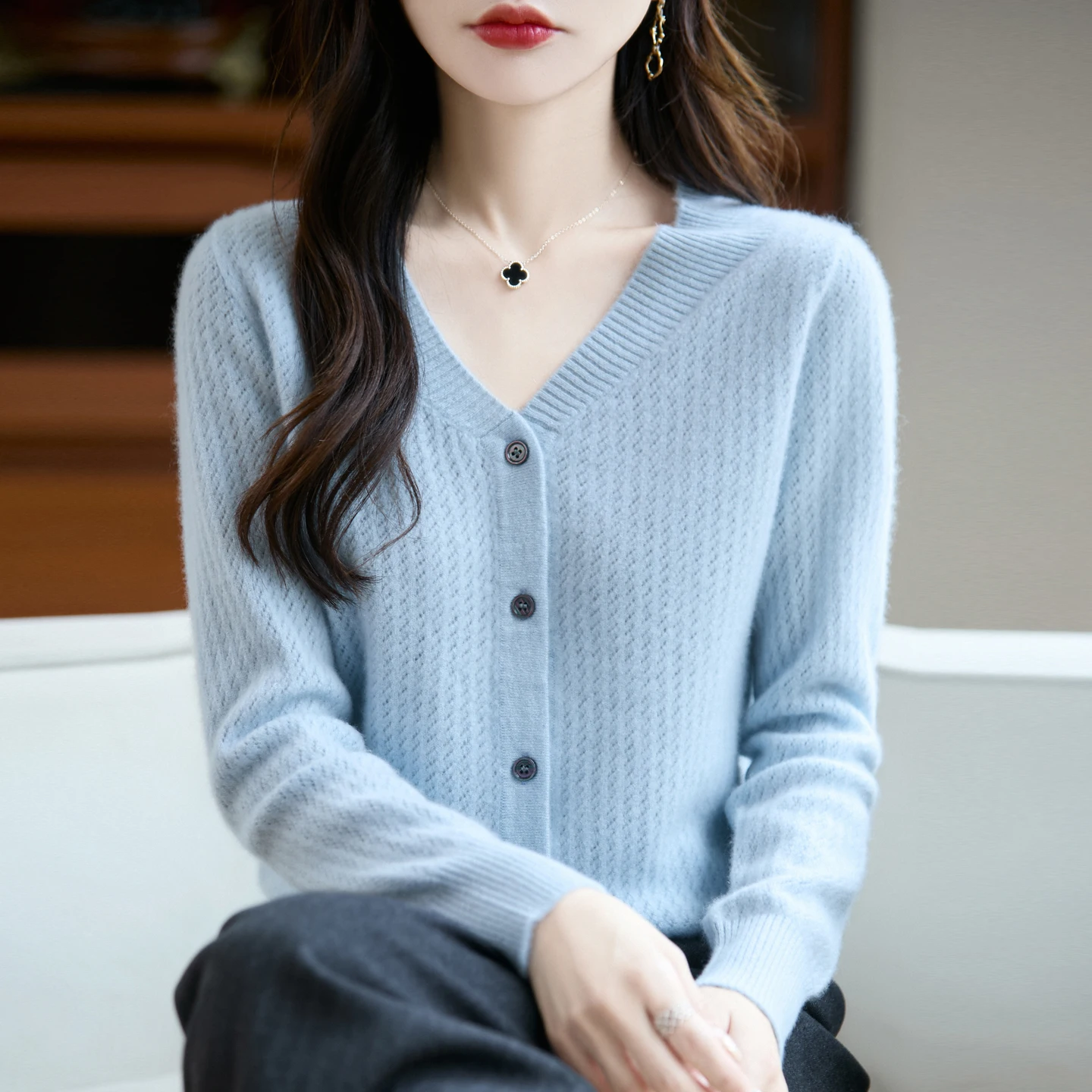 100% Merino Wool V-Neck Cardigan - Soft Breathable Knit Sweater for Women, Cloud-Like Cozy Button-Up Top, Elegant Autumn Winter