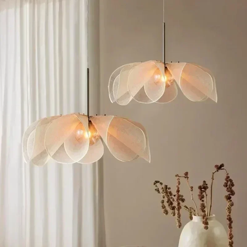 Wabi-sabi Fabric Pendant Light Flower Hanging Light for Kitchen Island Living Room Bedroom Lustre Home Decorations E27 Lamps