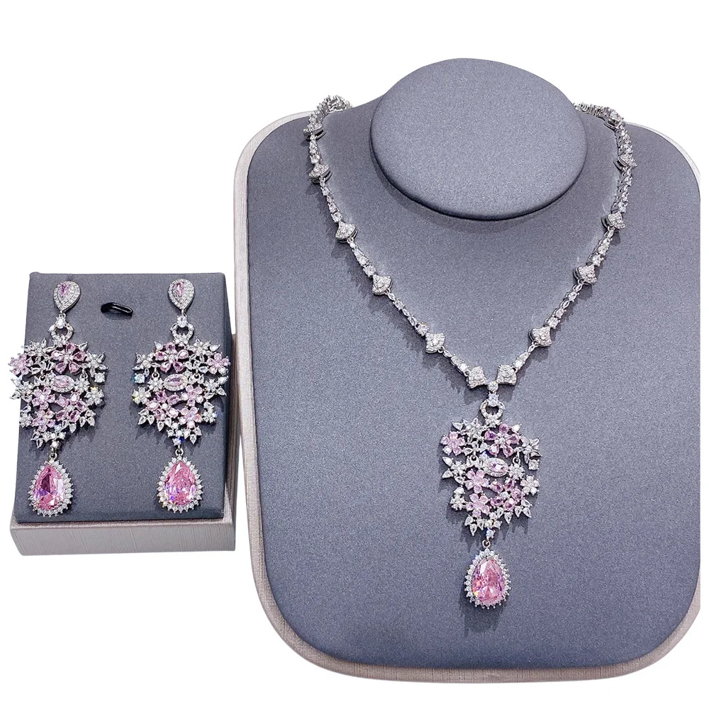 Retro Hollow Floral CZ Matching Jewelry Set Elegant Flower Pendant Necklace & Drop Earrings Ladies Bridal Party Vacation Accesso