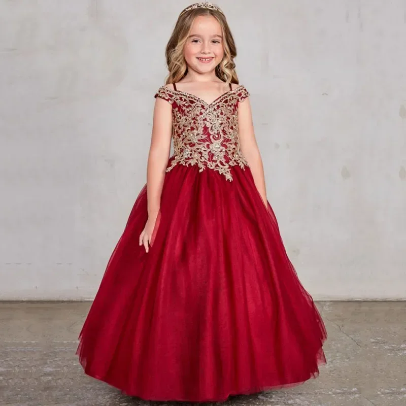 

Birthday Party Banquet Princess Gowns Customized Flower Girl Dresses Royal Blue Gold Pattern Appliques Sleeveless For Wedding