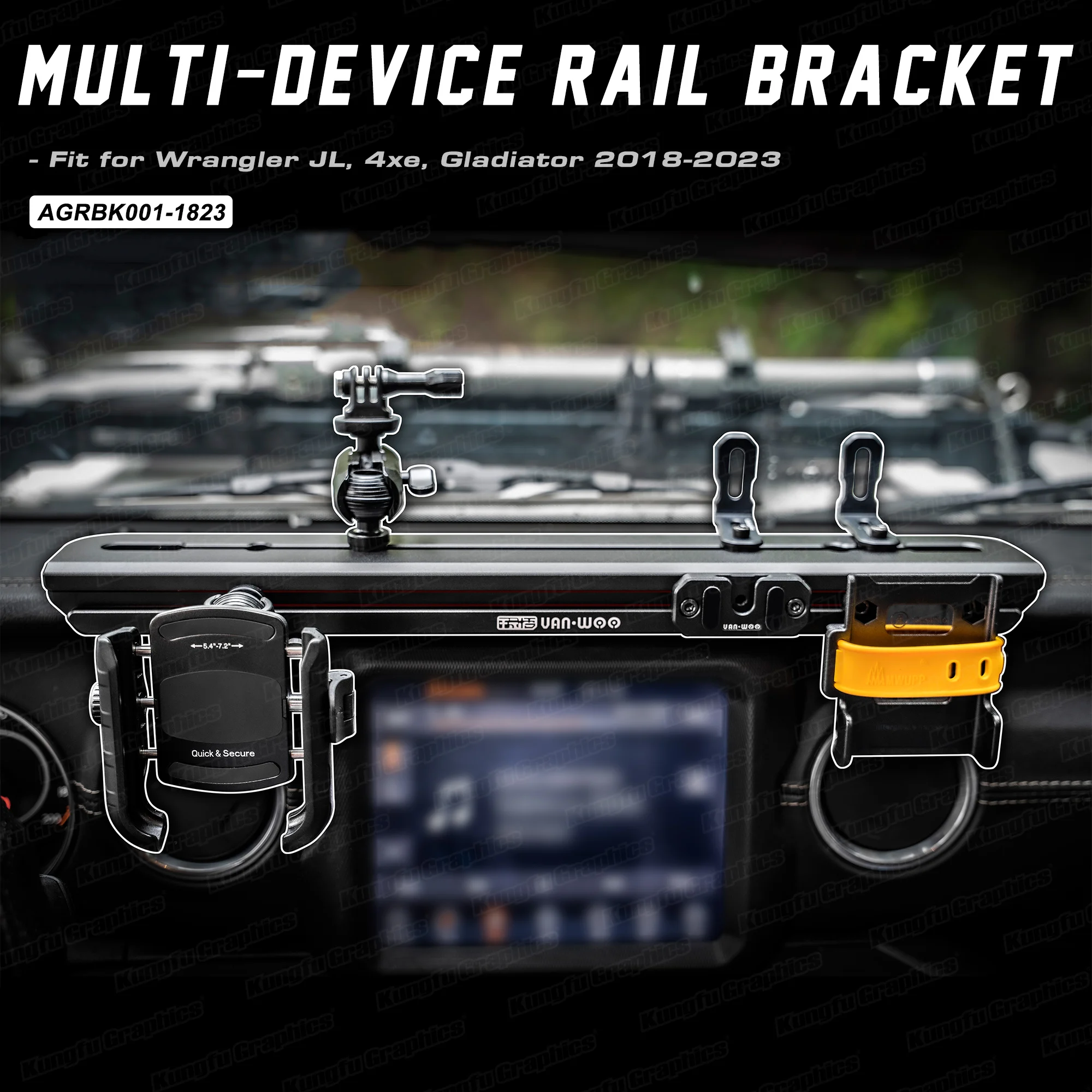 

Multi-Functional Organizer Phone / Action Camera Mount Multi-Device Rail Bracket for Jeep Wrangler Gladiator 4xe 2018-2023