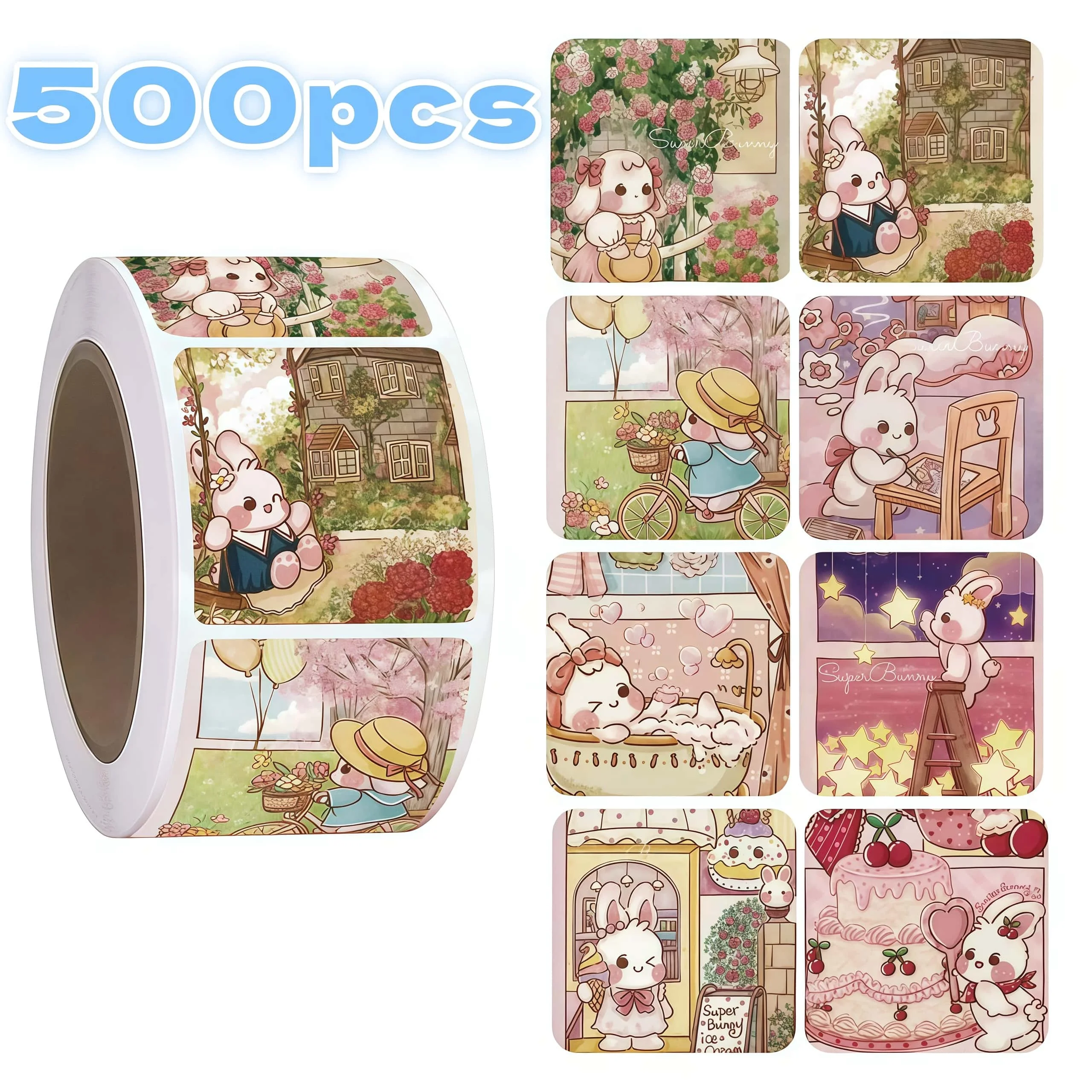 

New Arrival 500Pcs/Roll Cute Rabbit Stickers, Kawaii Cartoon Bunny Decals with Scenic & Daily Life Designs for Laptop, Journal