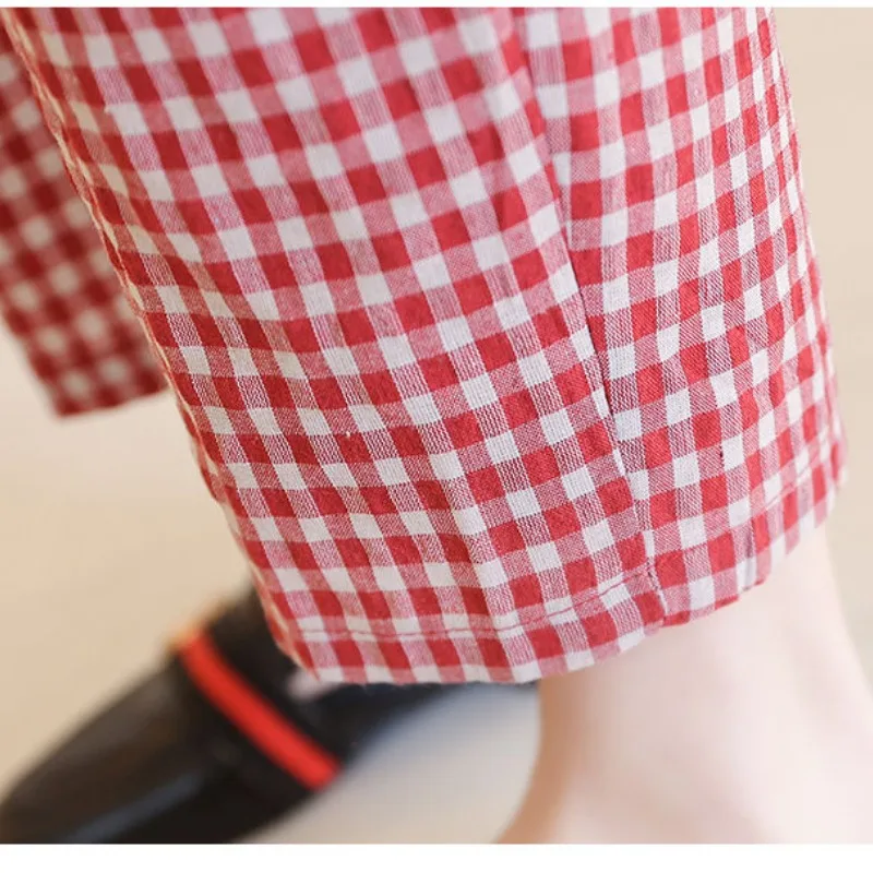 Summer Women\'s 2024 Summer New Patchwork Elastic High Waist Plaid Pocket Fashion Loose Comfortable All-match Casual Pants