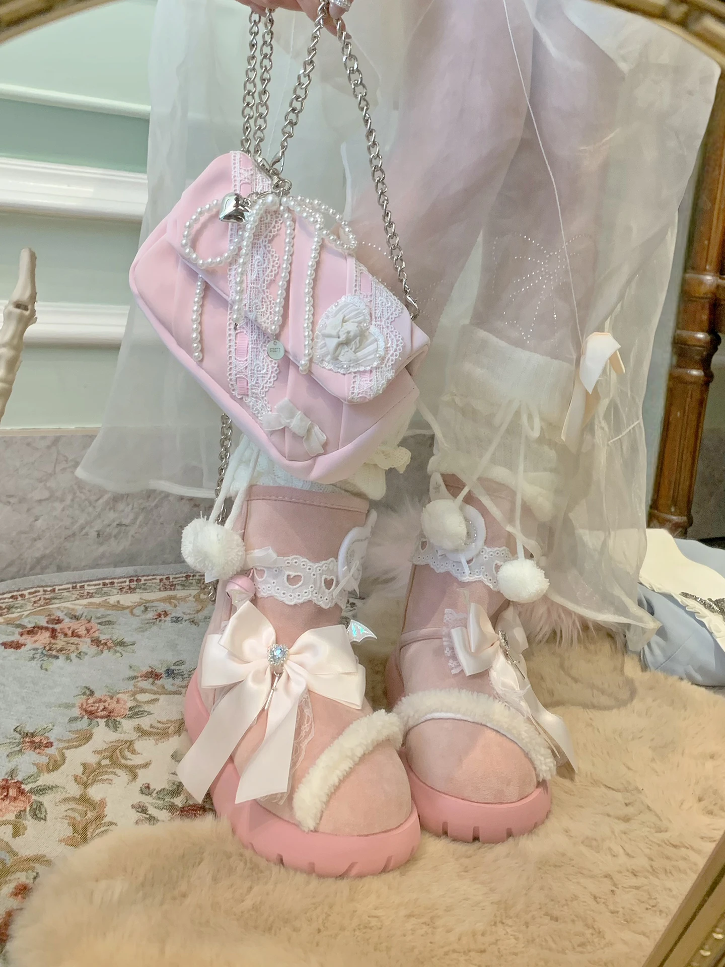 

Pinkyo Original Sweet Lace Pink Handbag Pearl Knot Ladies oulder Crossbody Bag Faionable Square ape