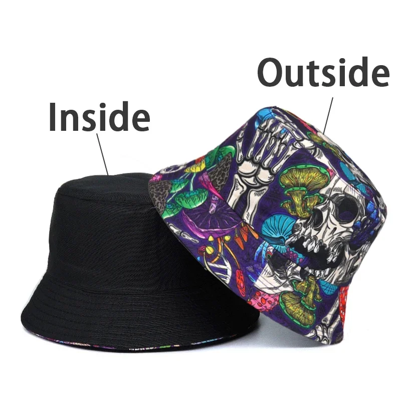 Mushroom Skull Printing Bucket Hat Cartoon Pattern Fisherman Hats Double Sides Reversible Panama Cap Outdoor New Style