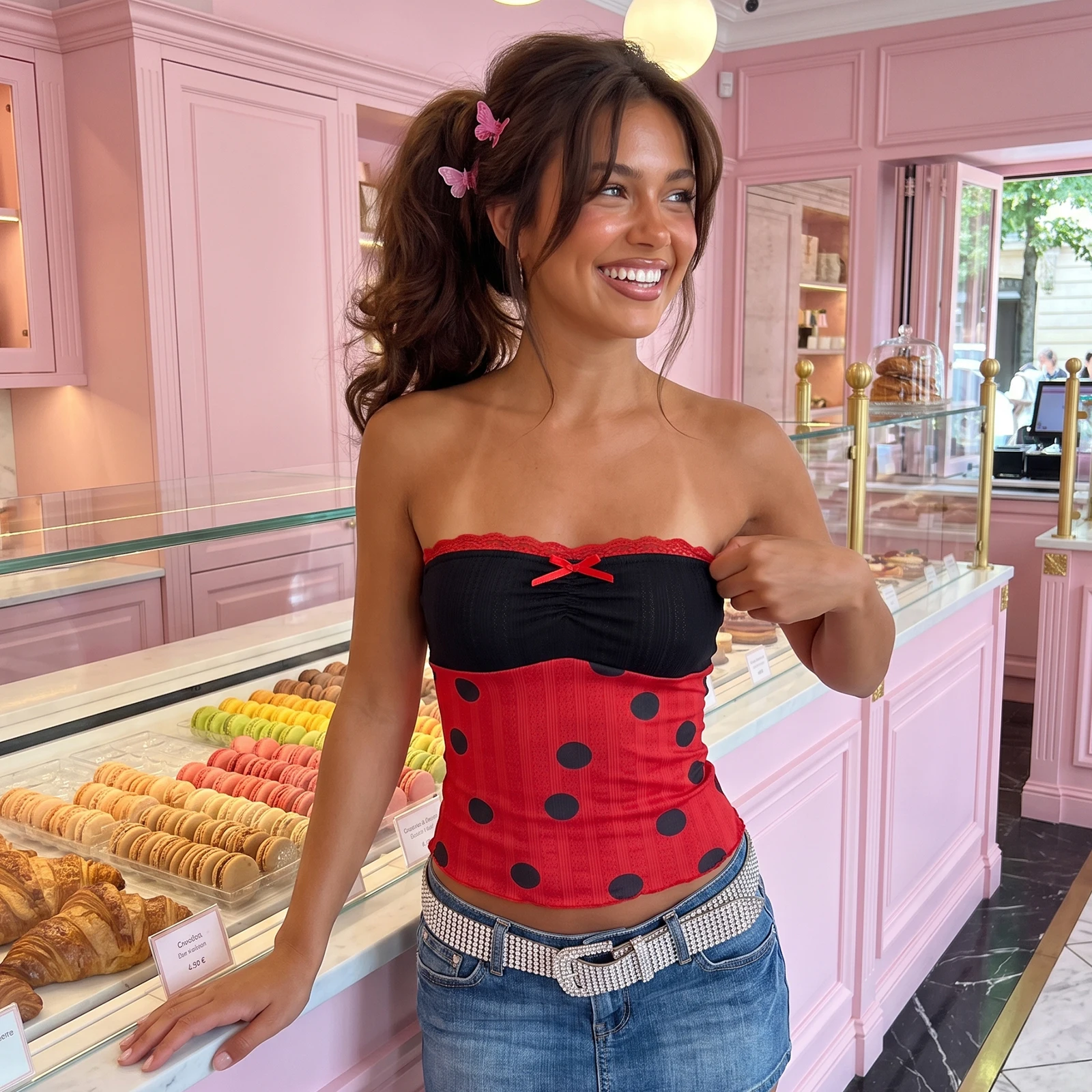 Women's Strapless Tube Top Black-Red Colorblock Dots/Stripes Print Lace Trim Bandeau Tops Y2k Crop Tops Clubwear