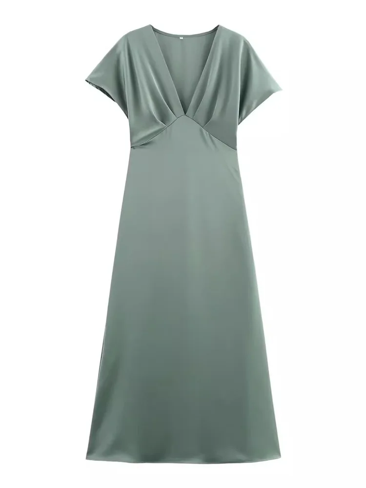 เดรสผ้าไหมซาตินทรงเข้ารูป คอวี แขนสั้น ดีไซน์จีบระบาย สไตล์ลำลอง สำหรับผู้หญิง ฤดูใบไม้ผลิ/ฤดูร้อน