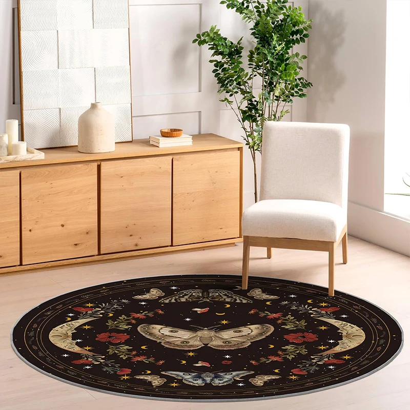 Round Living Room Floor Mat Soft Comfortable Carpet Non-slip Machine-washable Retro Style Moth and Moon Phase Patterned Rug