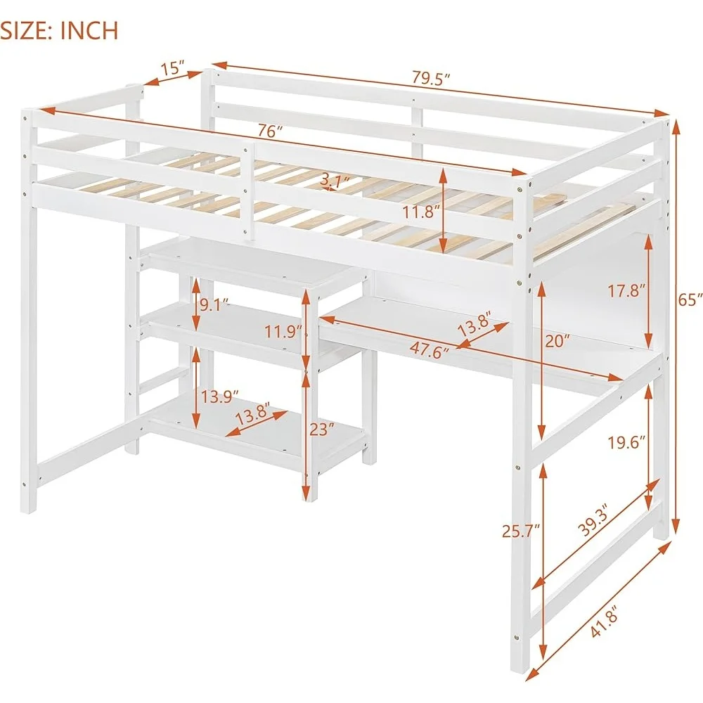 Двуспальная деревянная кровать-чердак со столом и доской для письма, 3 полки для хранения вещей под кроватью, коробка не требуется, пружина, полная сборка