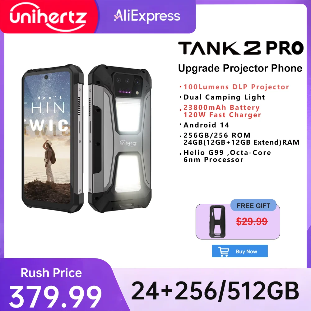 Unihertz tank 2 Pro 8849 rugged phone with projector, 100MP camera, 24GB 512GB, Android 14, 100MP, NFC, Helio G99, 23800mAh , 4G