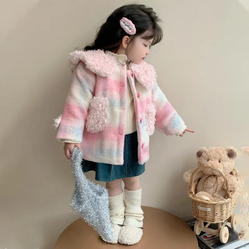 Girls Padded Thickened Jacket Autumn and Winter 2024 New Children's Woolen Coat Foreign Style Baby Winter Internet Celebrity Top