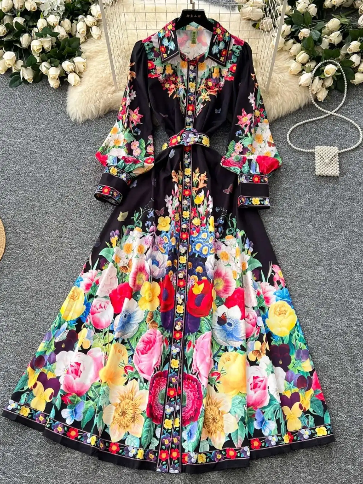 Lanterna manga longa flor maxi vestidos elegantes camisa feminina primavera verão único breasted pérola impressão floral festa vestidos cinto