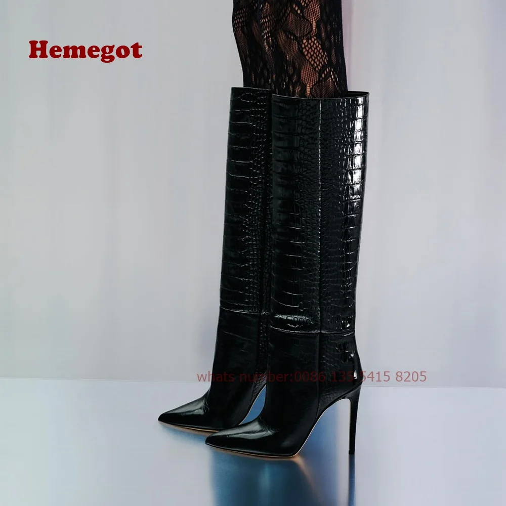 Blue Embossed Leather Boots Stone-Pattern Thin Heels Women\'s Knee High Boots Slip On Winter Pointy Runway Shoes Glossy Big Size