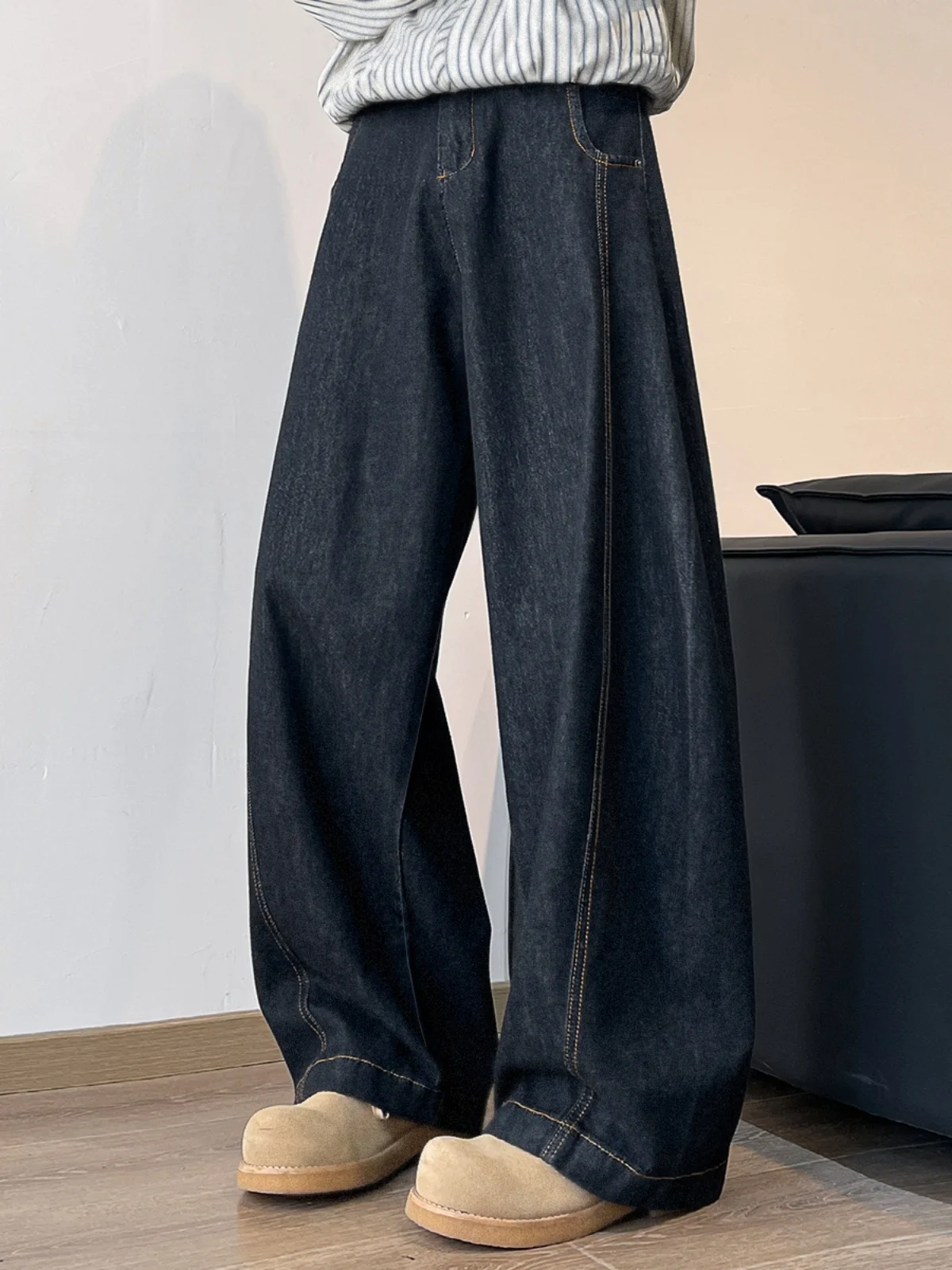 

Мужские свободные джинсы с широкими штанинами больших размеров, из выцветшего хлопка и полиэстера, в стиле High Street, черные, с дизайном Knife Seng