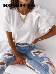 Women Summer Ruffles Short Sleeve Loose T Shirt Chic Elegant Solid O Neck Tops Casual Simple All Match Tee Streetwear Blouse